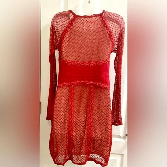 Free People 154447 Women's Lace & Mesh Body-Con Dress Red Small Free People 154447 Women's Lace & Mesh Body-Con Dress Red Small